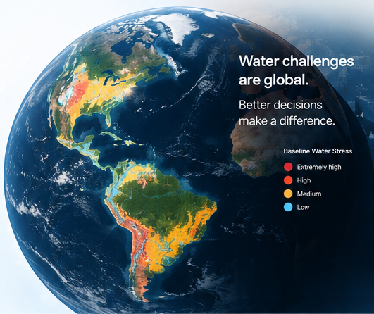 Water challenges are global. Better decisions make a difference.
                Globe showing baseline water stress: extremely high, high, medium
                and low. Illustrative global context, not current WaterFax product
                coverage.